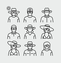 People Wear Sunglasses Hats Vector Line Icons