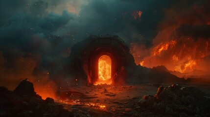 Eerie archery portal door leading to a hellish scene, where the landscape is ablaze with fire, covered in darkness, and the air burns with heat