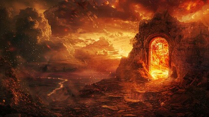Eerie archery portal door leading to a hellish scene, where the landscape is ablaze with fire, covered in darkness, and the air burns with heat