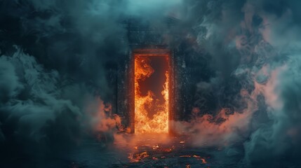 Eerie door to hell, cloaked in darkness with smoke billowing and flames licking its edges, creating a scene of dread and horror