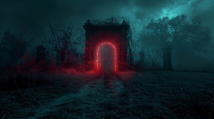 Eerie night scene showing gates to hell and heaven, featuring dark shrouded mist, cobwebs, and flames around a red glowing doorway, in an open field