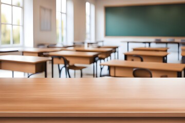 empty wooden desk in classroom