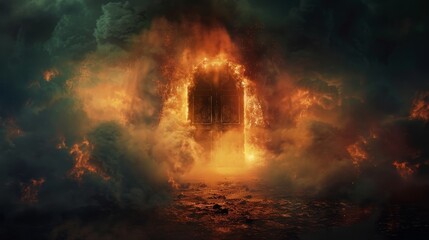 Eerie portrayal of the Door to Hell, with thick smoke billowing, tortured souls visible in the shadows, and a dark, misty background, illuminated by flames