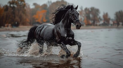   A black horse gallops through a water body, surrounded by tree-filled backgrounds