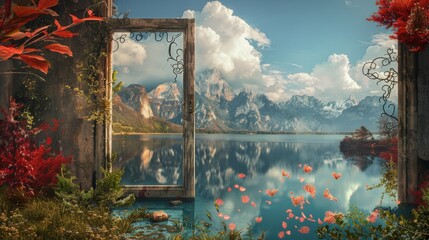 Enchanting landscape framed by a rustic door, with a lake reflecting sky-high clouds and splashes of coral adding vibrancy and charm
