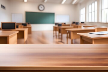 empty wooden desk in classroom