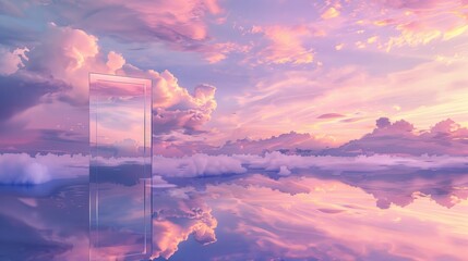 Enchanting scene of a door leading to a cloud-filled landscape, mirrored beautifully in a calm lake, under a pastel pink and purple sky