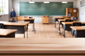 empty wooden desk in classroom