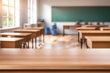 empty wooden desk in classroom