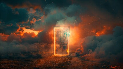Enigmatic open door casting light in a dark, open field, symbolizing heaven and hell, surrounded by dense smoke and fiery glows, evoking mystery