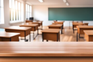 empty wooden desk in classroom