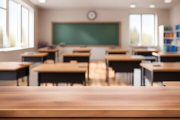 empty wooden desk in classroom