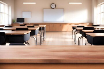 empty wooden desk in classroom