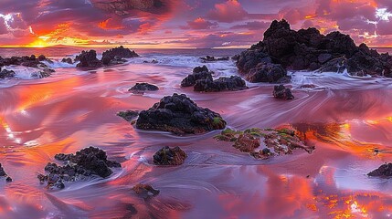   A stunning sunset over a rocky shoreline with a soft pink sky and fluffy white clouds in the backdrop - Powered by Adobe