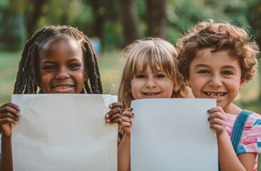 Three multiethnic children smiling and holding white posters in the park, closeup of their faces