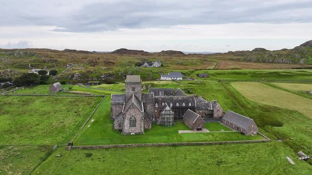 Aerial View of Iona Abbey and Nunnery, Ancient Landmark in Green Landscape of Scottish Island UK