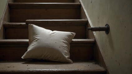 A mystery where a lone pillow sits abandoned on the stairs, hinting at an unexpected turn of events in a seemingly ordinary household ai_generated