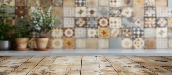 Wooden table surface is empty with a blurred vintage ceramic tile wall in the background, serving as a mockup template for showcasing your product.