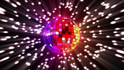 Disco ball on dance floor 4k loop video. Vibrant rainbow colors music dance party celebration seamless background