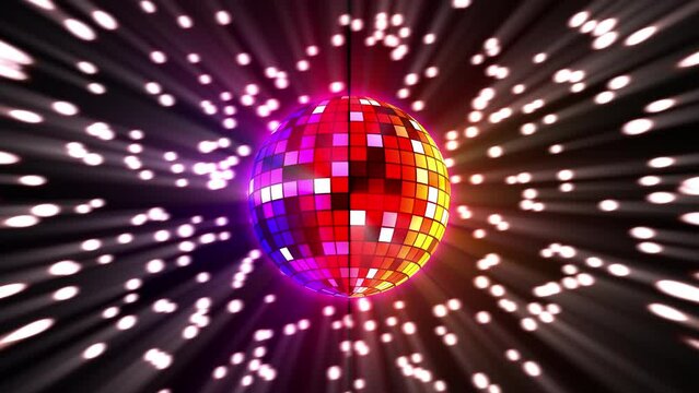 Disco ball on dance floor 4k loop video. Vibrant rainbow colors music dance party celebration seamless background