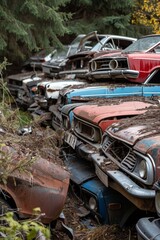 Rusty vintage cars lined up in a forest junkyard, merging with the natural landscape.