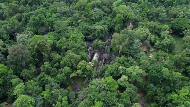 Aerial view: Ancient Koh Ker temple overgrown by jungle in Cambodia