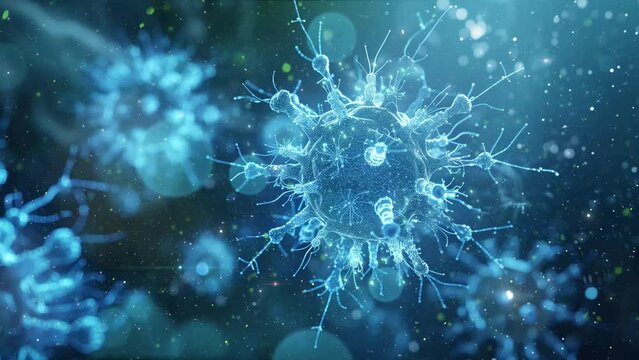 close up glowing influenza virus on dark blue background. seamless looping overlay 4k virtual video animation background