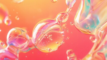  A cluster of air bubbles hovering above a mixed pink and yellow backdrop with water droplets suspended below them