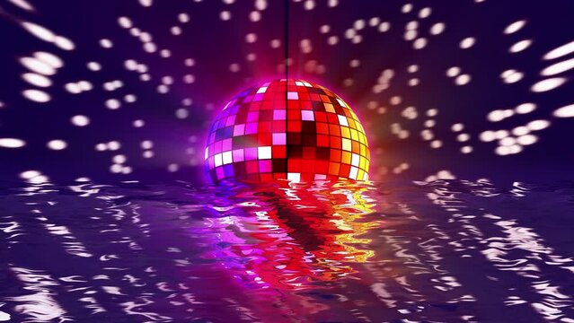 Seamless vj disco retro party animation backdrop. Looped disco ball over the sea beach. 4k creative video background. 