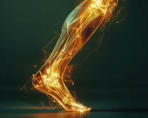 Dynamic digital artwork of a human foot, illustrated in a fiery golden mesh, capturing the complex anatomy and motion in stunning detail.