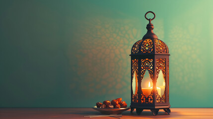 Muslim lantern with burning candle dates and tasbih fo