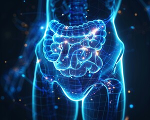 The image shows a glowing blue intestine. The intestine is the longest organ in the human body. It is responsible for absorbing nutrients from food and water.