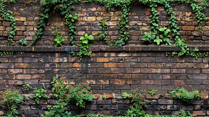   A red fire hydrant adjacent to a brick wall with ivy crawling up its flanks and a fire hydrant situated opposite it
