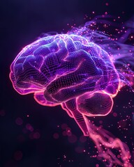 The image shows a glowing purple brain with a lot of connections. The brain is surrounded by a dark blue background with a lot of small, bright lights.