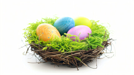 Fototapeta na wymiar Nest with Easter eggs on grass against white background