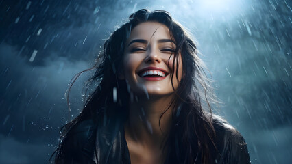 Beautiful woman smiling in rain 