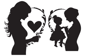 Heart with black silhouette mom and baby