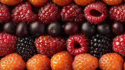   A bountiful assortment of berries, oranges, and raspberries atop a mound of blackberries
