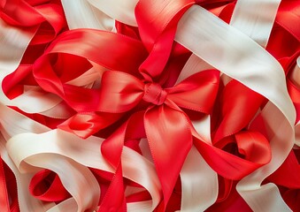 Elegant Red and White Satin Ribbons Close-up for Gifting and Decoration Purposes.