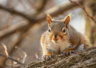Obraz premium Curious Eastern Gray Squirrel Peering from Tree Branch in Sunlit Forest.