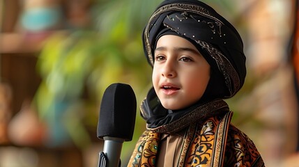 islamic handsome boy, on a podcast, speaking on a podcast microphone, islamic theme background : Generative AI