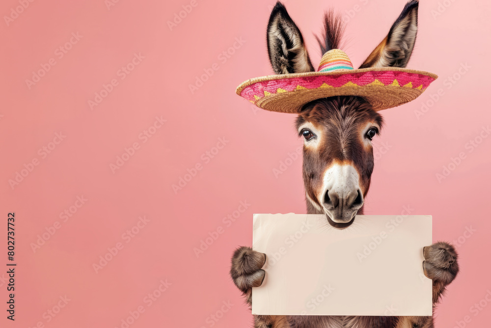 Poster a donkey portrait wearing a sombrero hat and mexican style clothing holding a blank sign