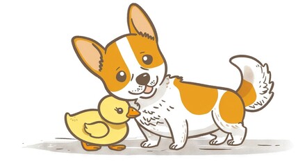 Fototapeta premium A brown and white dog stands beside a yellow duck on a white background, next to a smaller brown and white dog