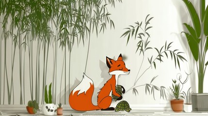 Fototapeta premium A photo of a fox and turtle against a wall with bamboo foliage and a distant bamboo tree