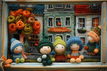wool cozy city with people knitted children toys looking out the window : Generative AI
