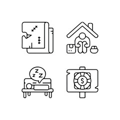 homeless outline icon set includes thin line donation, bunk bed, leftover, bridge, mittens, alcohol, food stall icons for report, presentation, diagram, web design