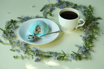 Cup of hot coffee with japanese sweets daifuku mochi