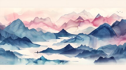 Simplified Chinese Mountain Scene: Colorful Ink Painting, Minimalist Architecture, Vibrant Colors, White Background