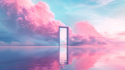 Gentle hues of pink and blue in a dreamy landscape with a door to the clouds, reflecting in a serene lake, perfect for a timeless room decor