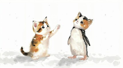   A pair of cats perched on a snow-covered ground against a white backdrop